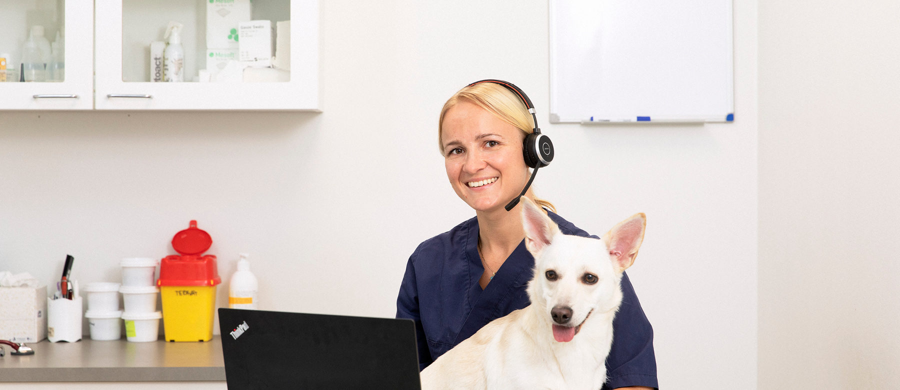 Etäeläinlääkäri työssään kuulokkeet päässä.